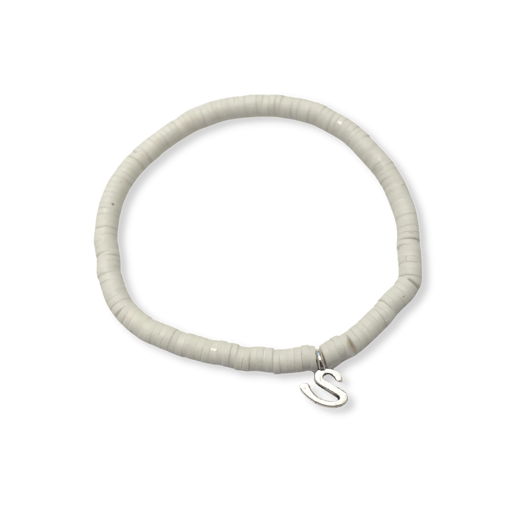 4mm White Rubber Disc "S" Charm Bracelet