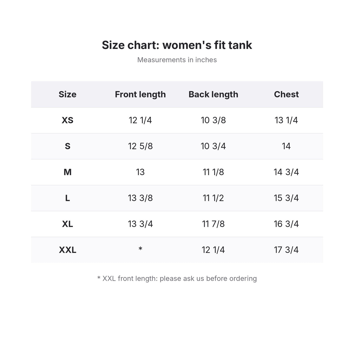 Heart Camp Tank size chart