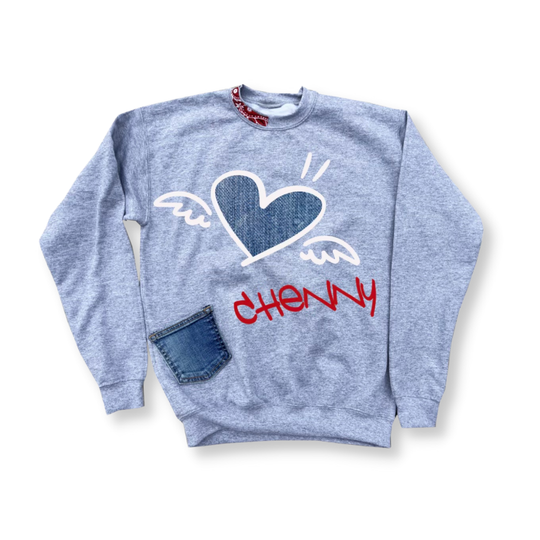 3-Vinyl Heart _ Wings with Denim Pocket Camp Gray Crewneck
