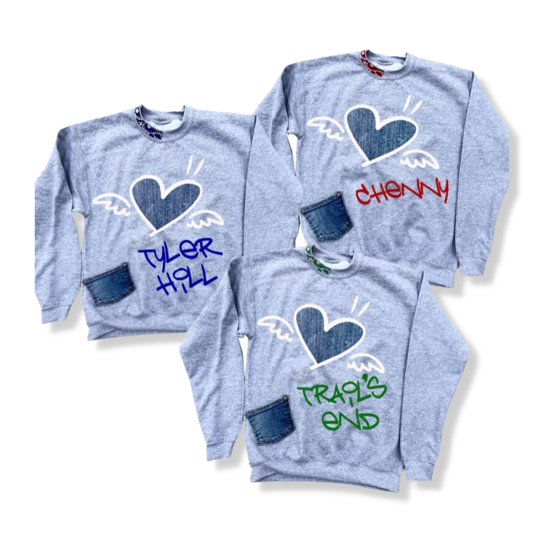 4-Vinyl Heart _ Wings with Denim Pocket Camp Gray Crewneck