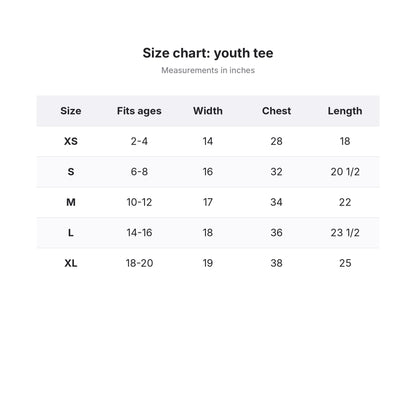 Bow Script Camp Tee size chart