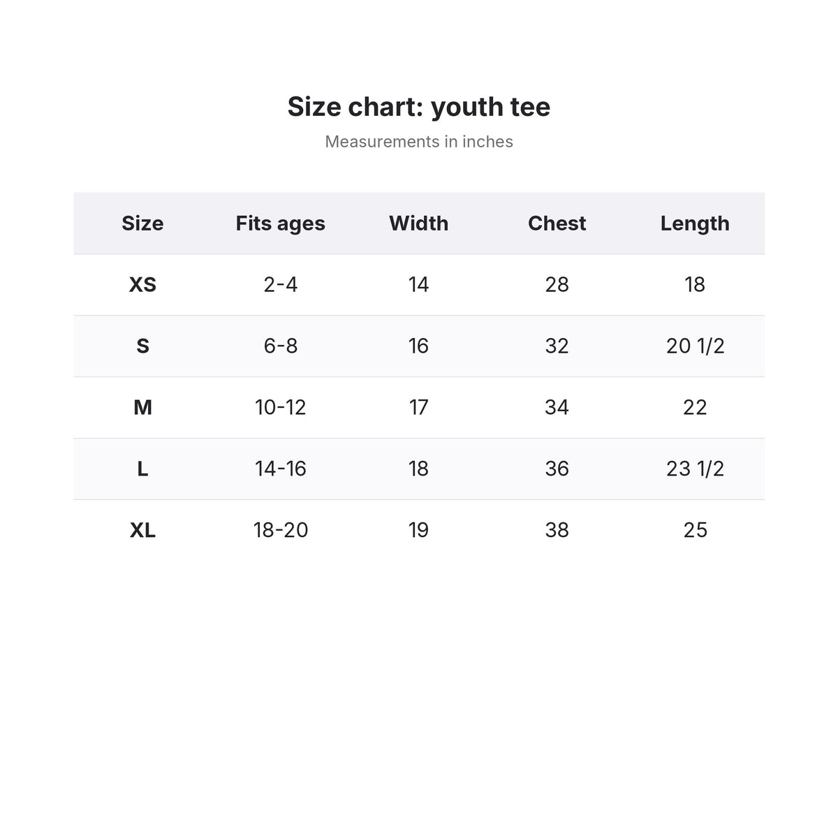 Doodle Hearts Camp Tee size chart