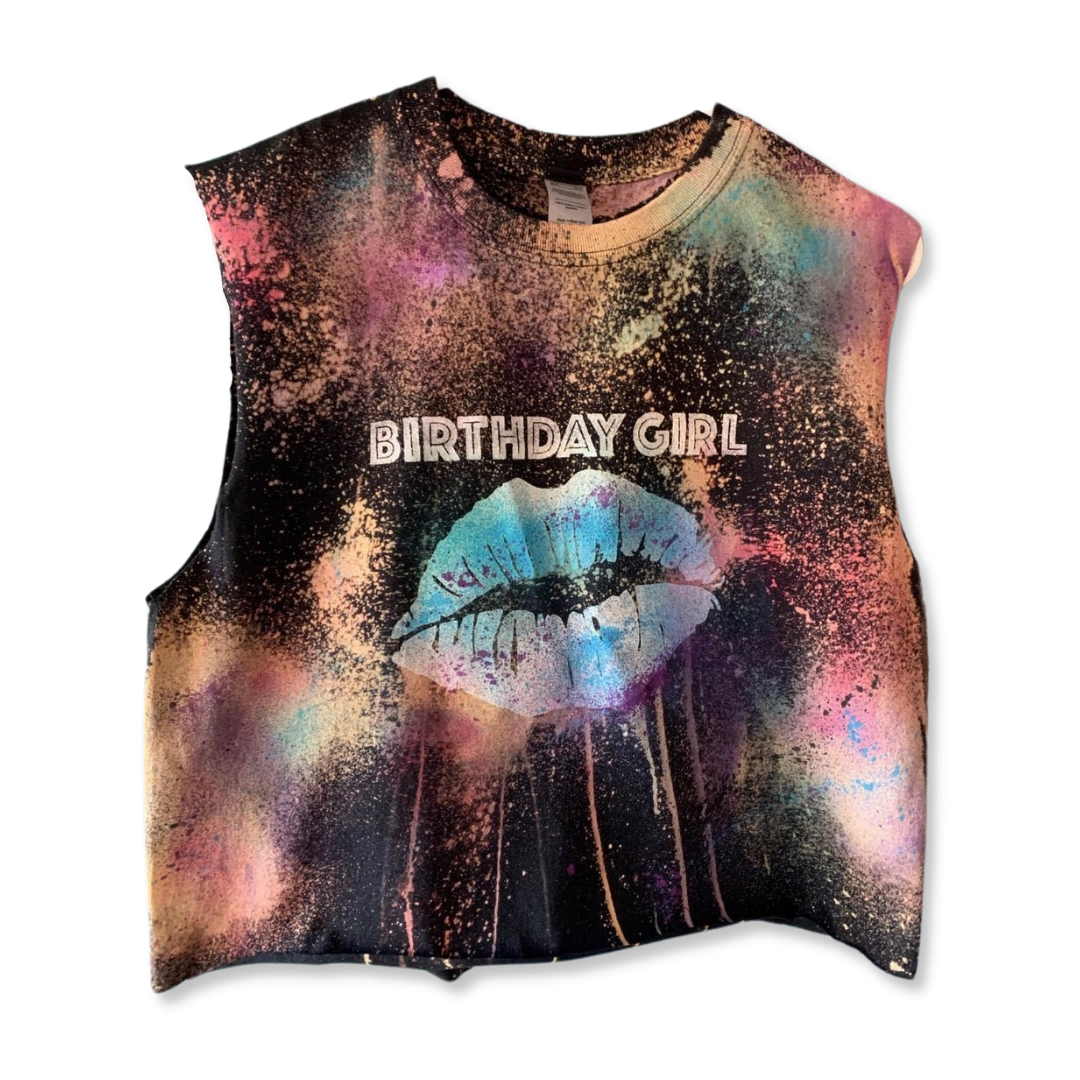 Reverse Tie Dye Birthday Girl Kiss Shirt blue