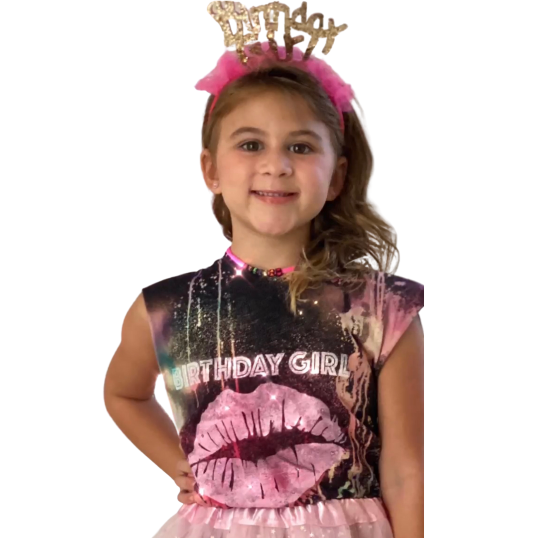 Reverse Tie Dye Birthday Girl Kiss Shirt in pink