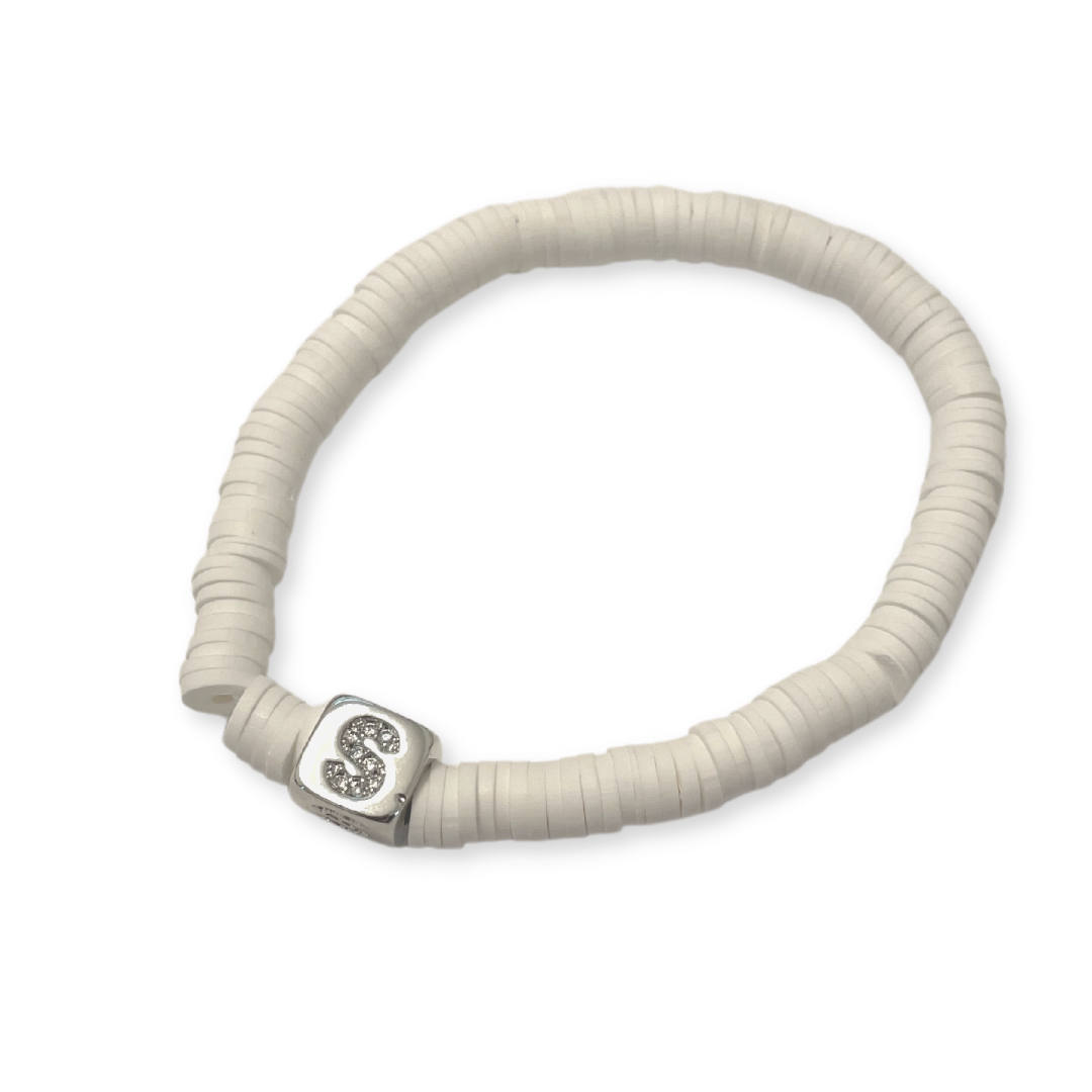 6mm White Rubber Disc Bracelet with Rhinestone Letter Square “S”