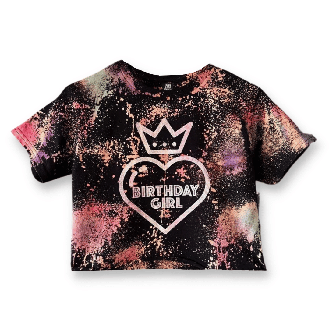 Black Reverse Dye Birthday Girl Crown & Heart Shirt Heart & Sole