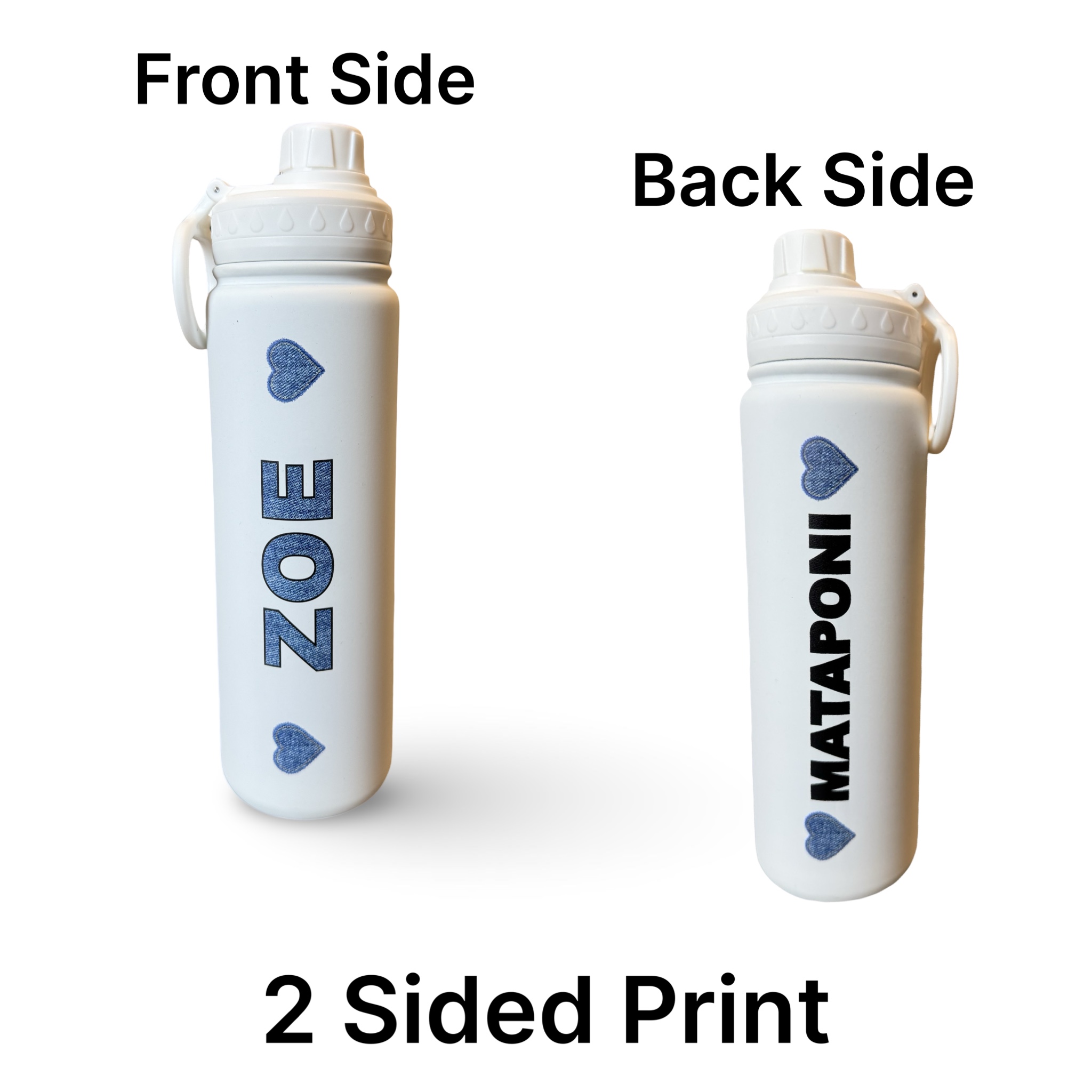 Zoe & Mataponi (2 Sided) Denim & Hearts White Water Bottle – Ready to Ship – R2S