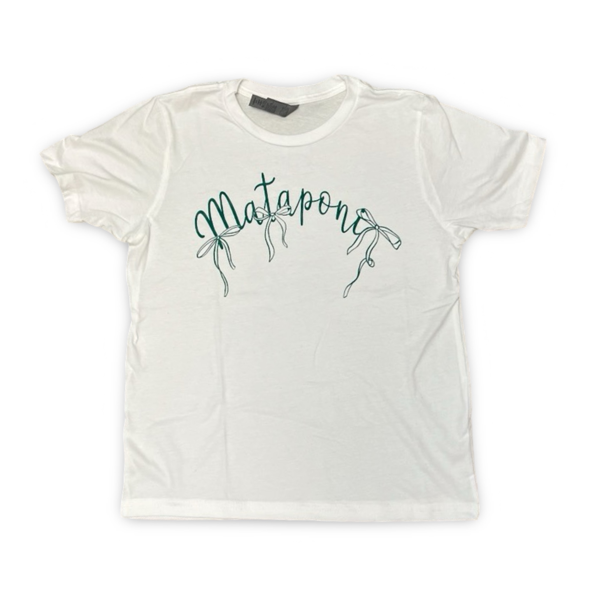 Mataponi Cursive & Bows White Tee – Youth Medium – Ready to Ship – R2S