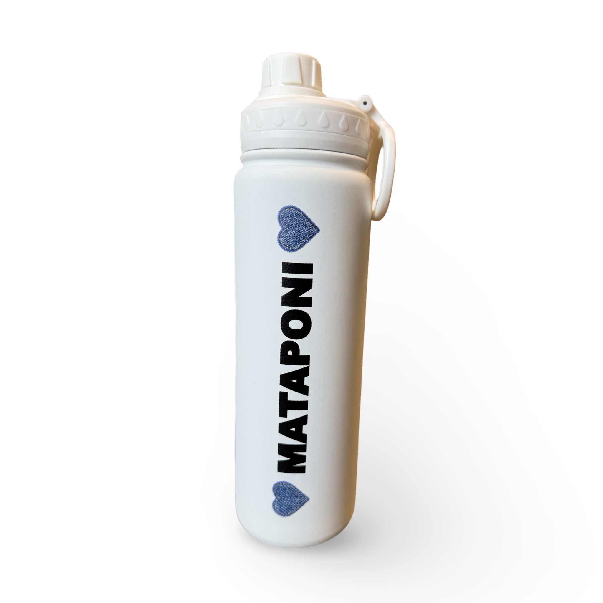 Zoe & Mataponi (2 Sided) Denim & Hearts White Water Bottle – Ready to Ship – R2S