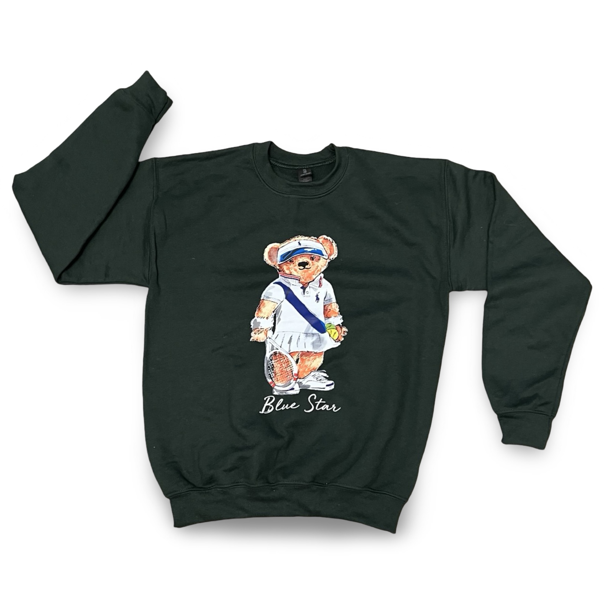 Blue Star Tennis Bear Forest Green Crewneck – Youth Large – Ready to Ship – R2S